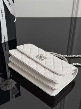 Chanel Mini Flap with Handle, White Grained Calfskin, Silver CC Turnlock